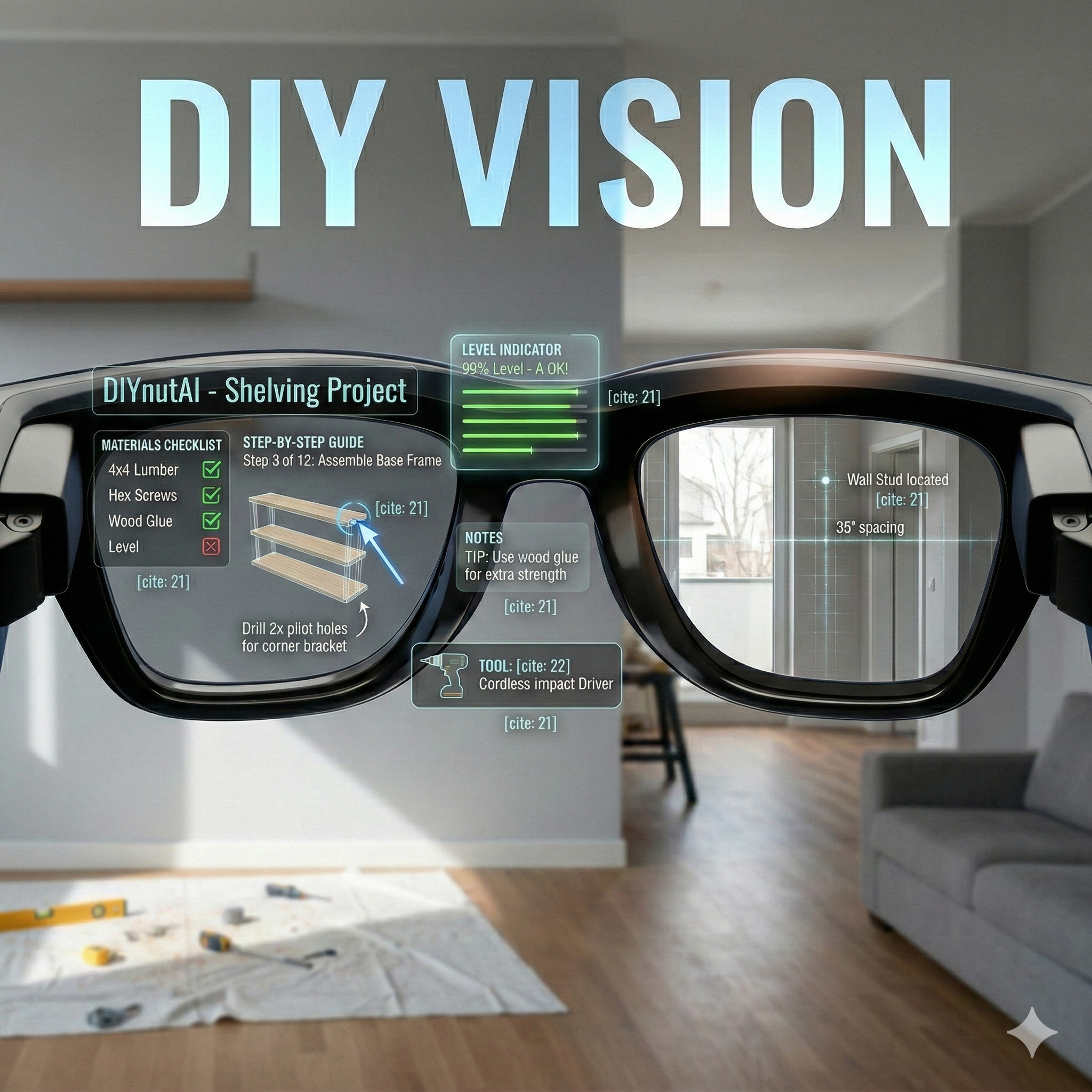 DIY Vision AR glasses showing real-time step-by-step DIY guidance overlaid in augmented reality