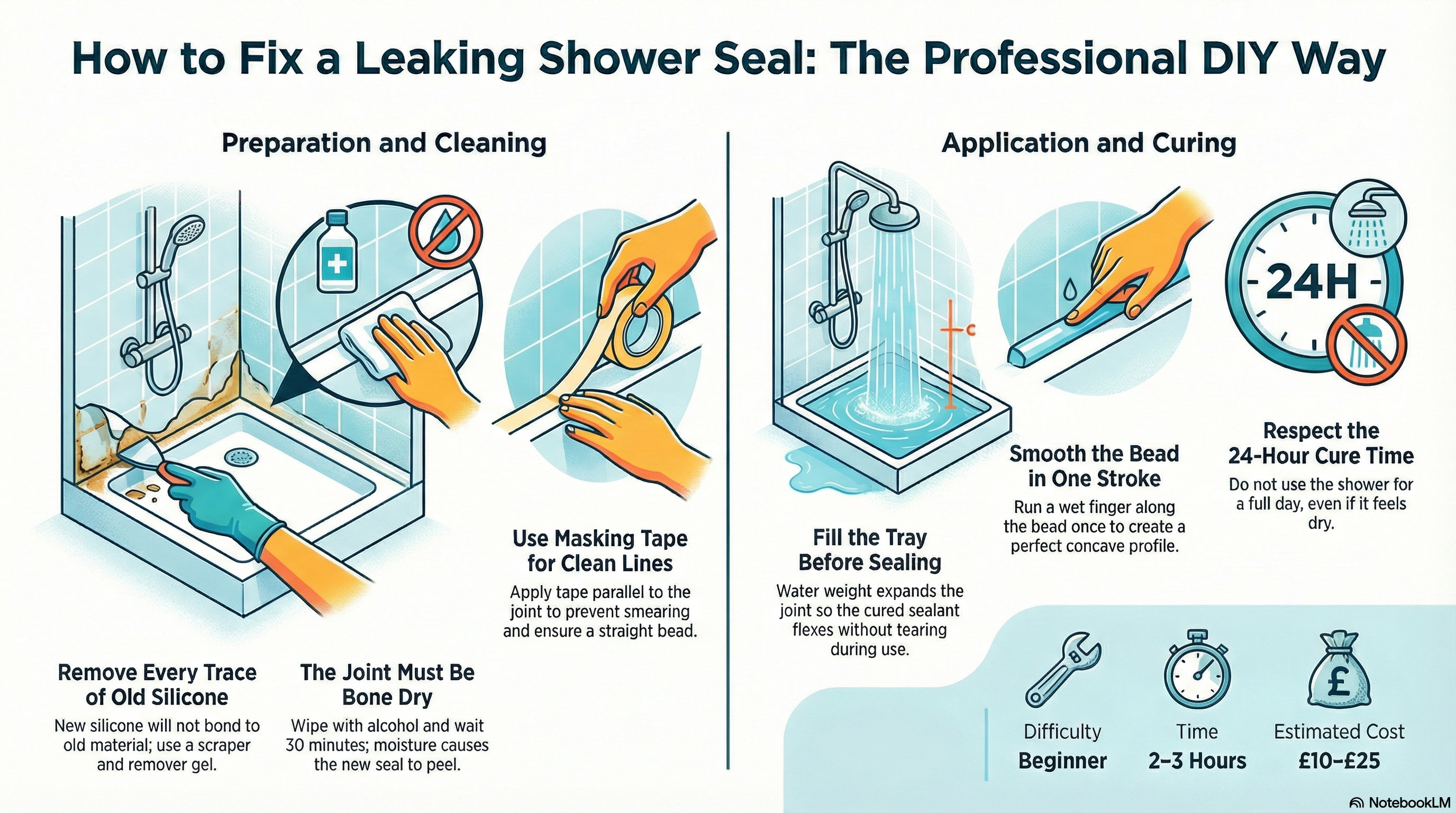 How to fix a leaking shower seal infographic – step-by-step visual guide 2026