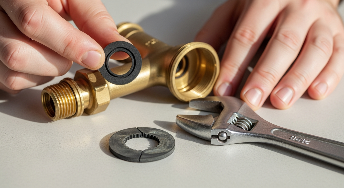 Hands holding a brass tap headgear with rubber washer and adjustable spanner