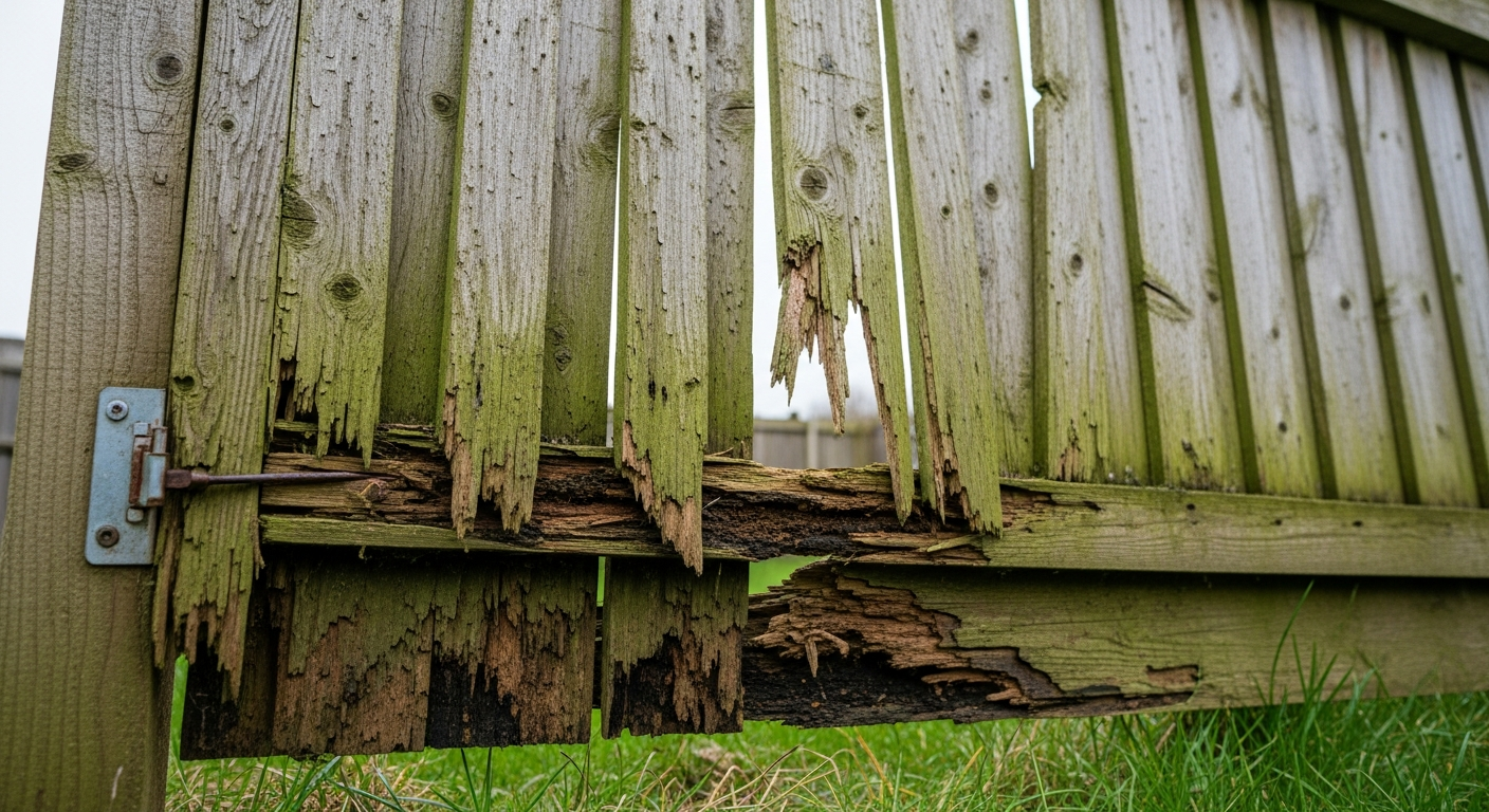 Damaged garden fence panel with rotting timber and broken slats
