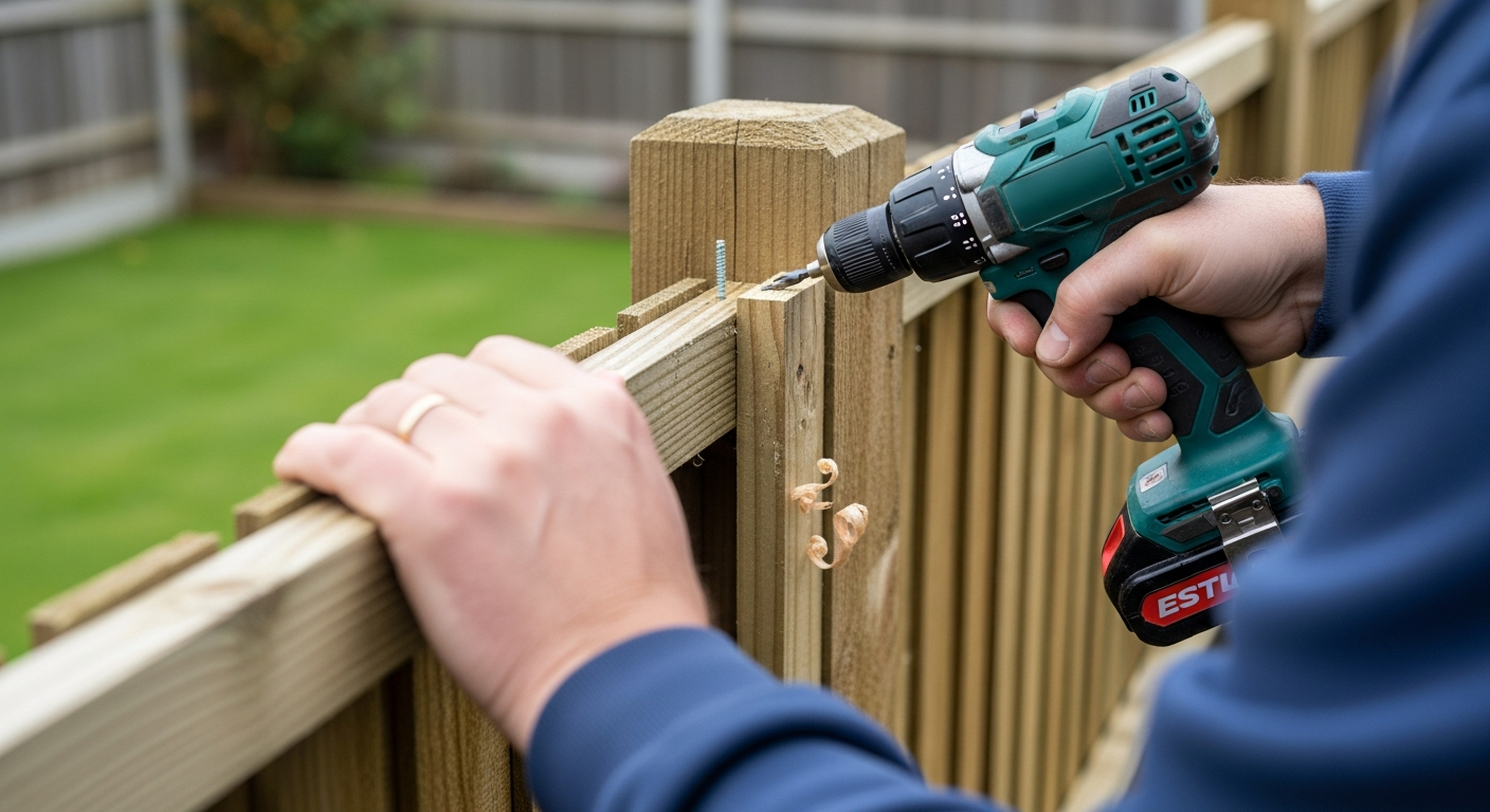 Man repairing a garden fence panel with a cordless drill