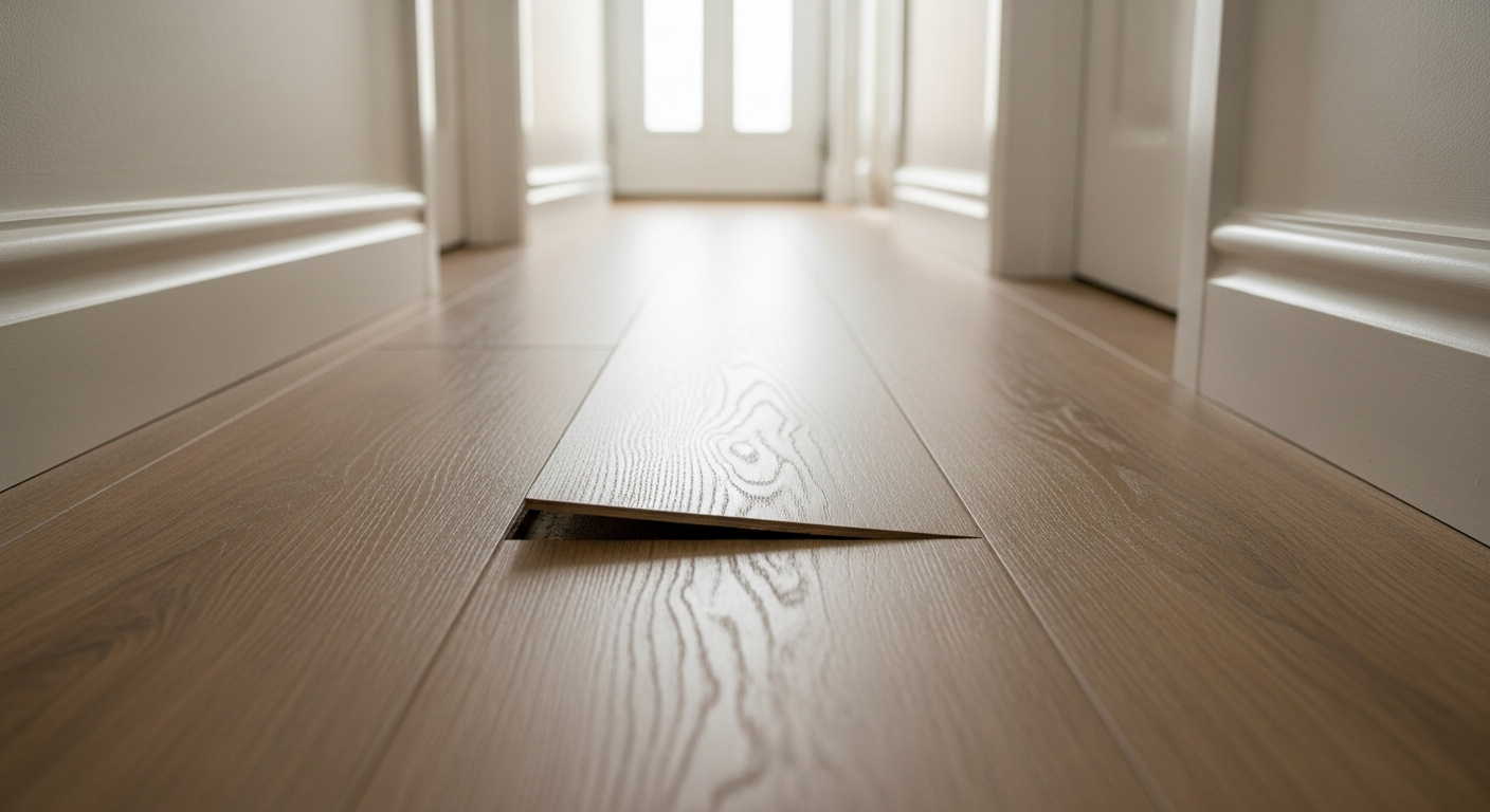 Laminate floor plank lifting up in a UK hallway