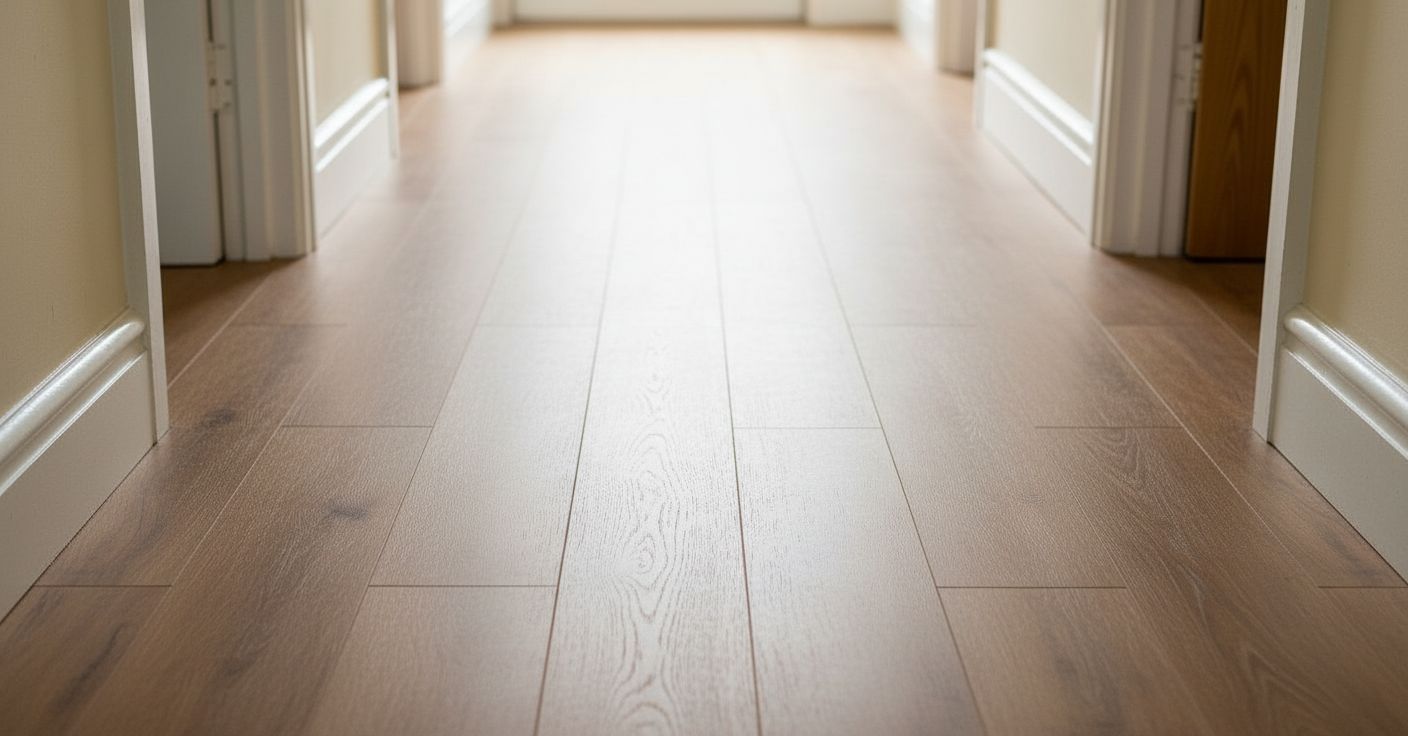 Repaired laminate flooring laid flat in a hallway