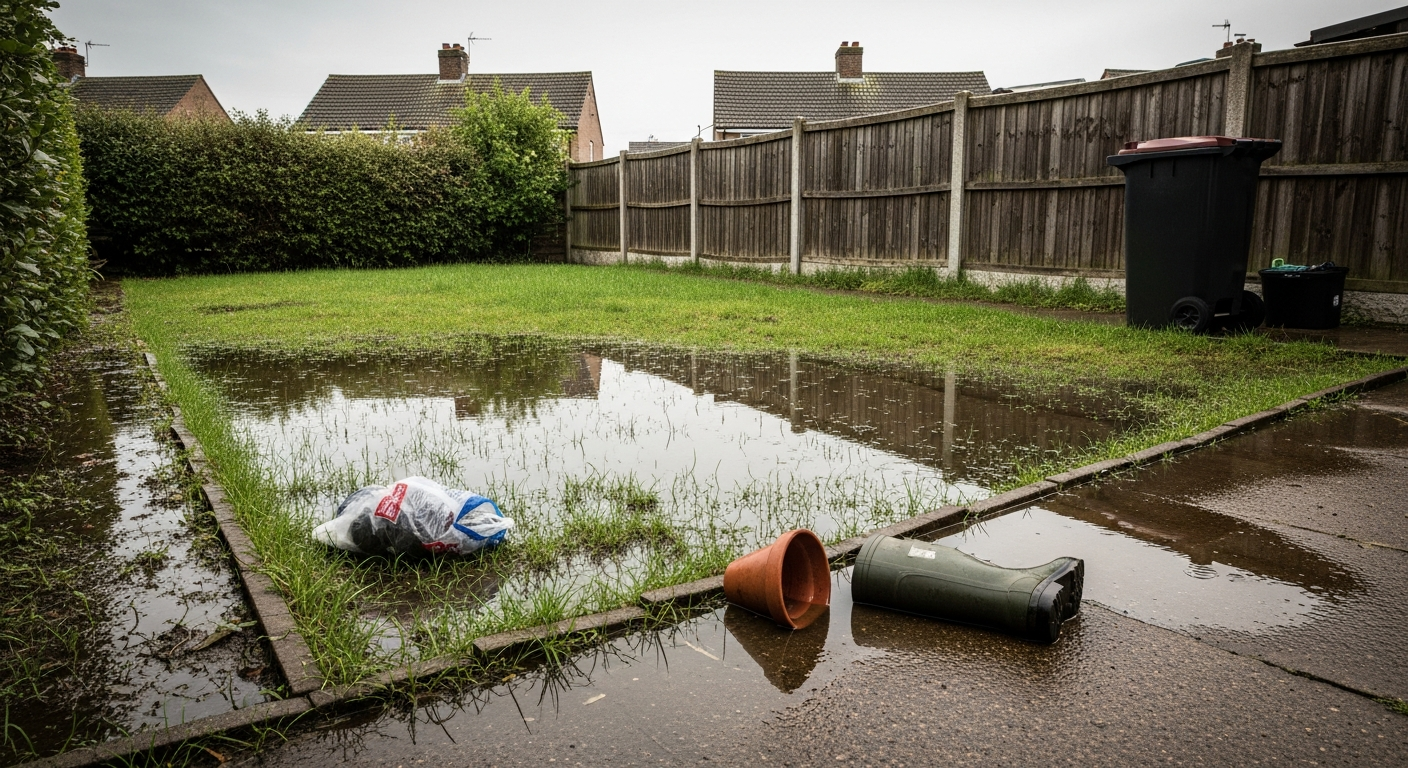 Waterlogged UK garden lawn with standing water after heavy rain