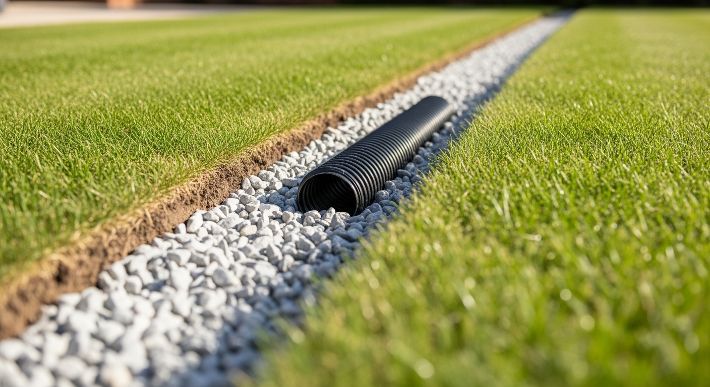 French drain trench filled with gravel and perforated drainage pipe