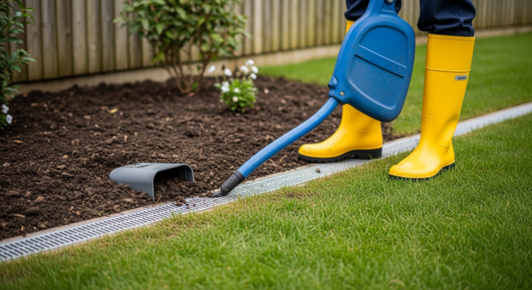 Garden drainage channel being installed along a patio edge