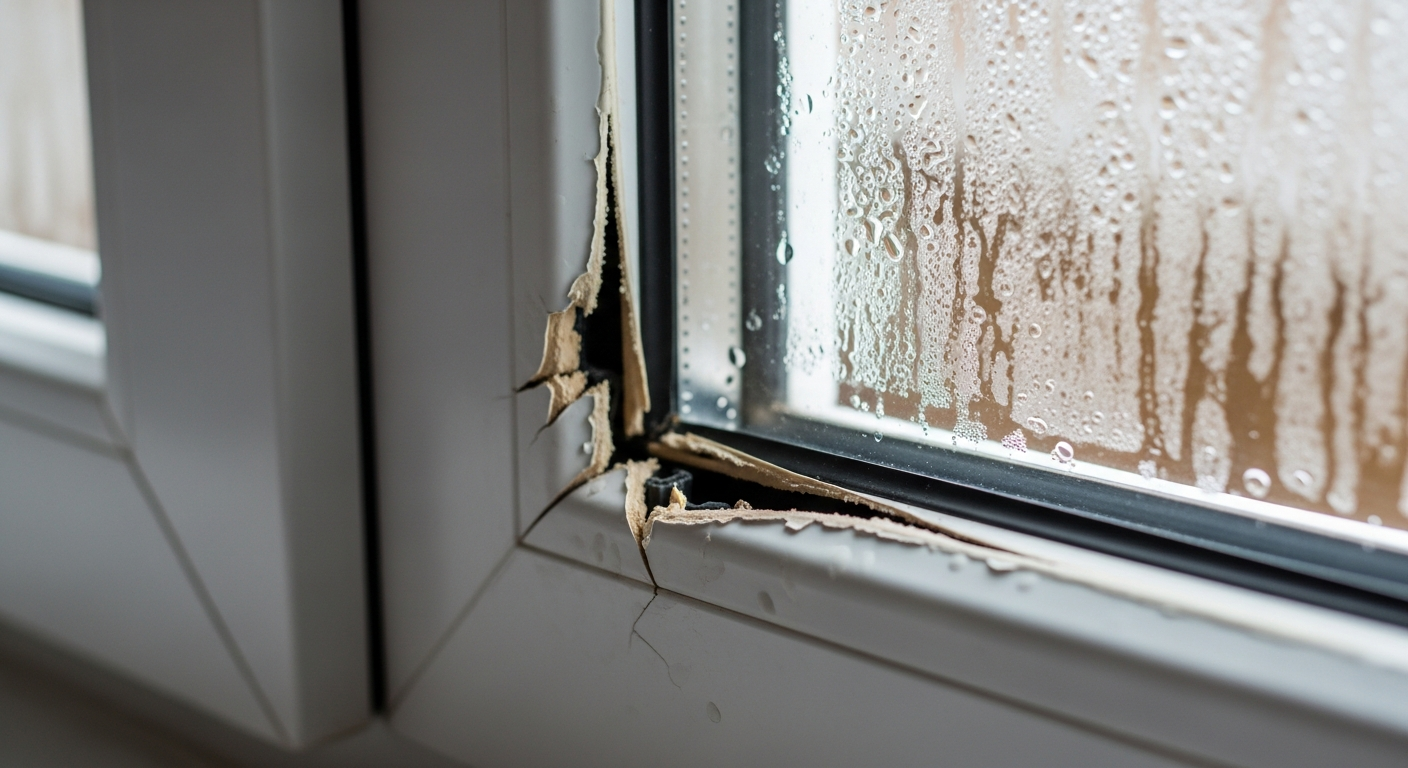 Cracked perished window seal on a uPVC window with condensation